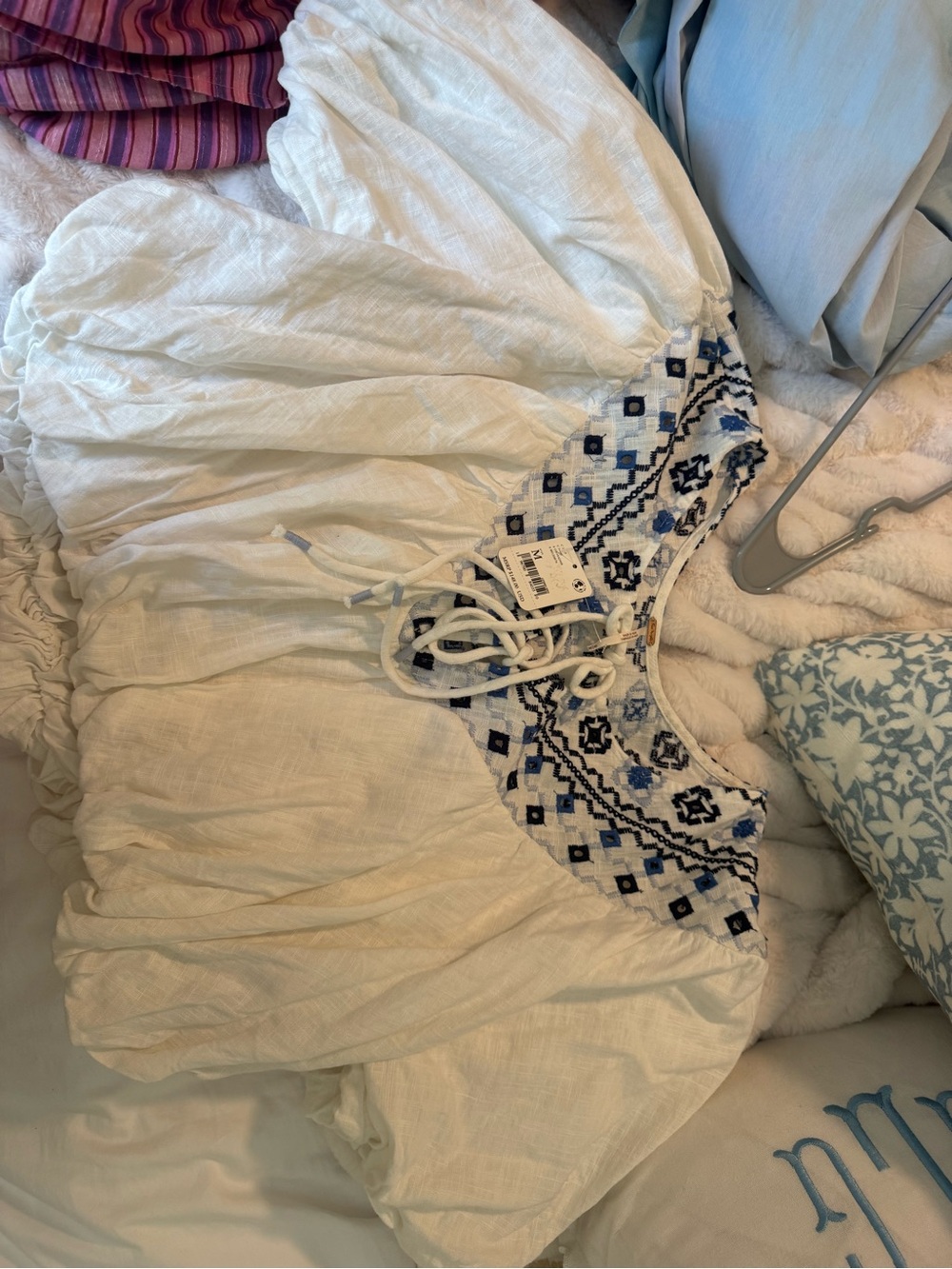 Free People White Crop Top with Blue Embroidered Yoke